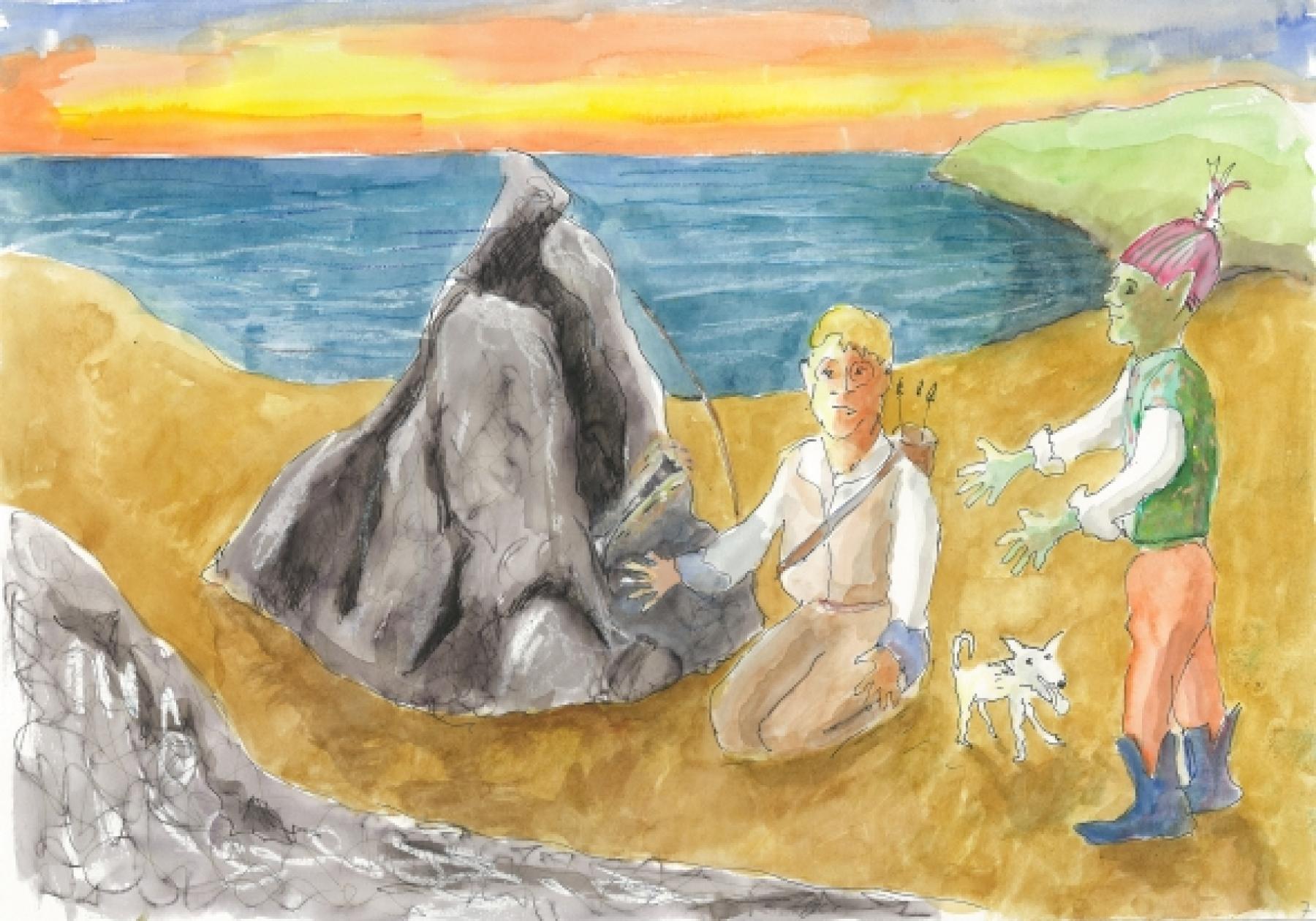 Fletcher finds the spoon on the beach